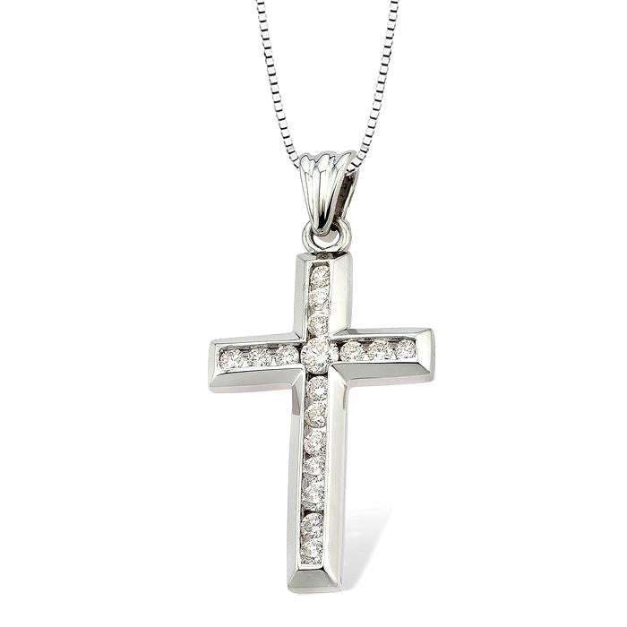 1/2 Ctw Round Cut Diamond Cross Pendant in 14K White Gold with Chain