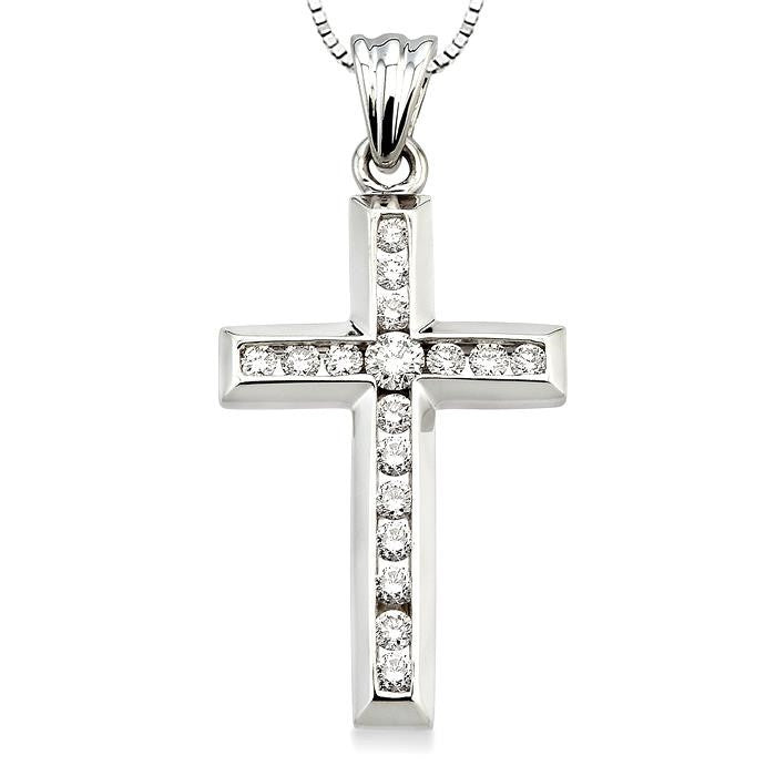 1/2 Ctw Round Cut Diamond Cross Pendant in 14K White Gold with Chain