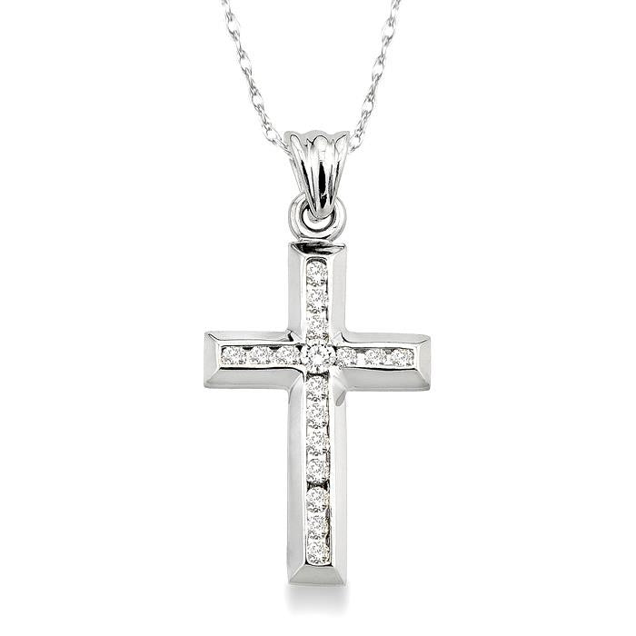 1/4 Ctw Round Cut Diamond Cross Pendant in 10K White Gold with Chain