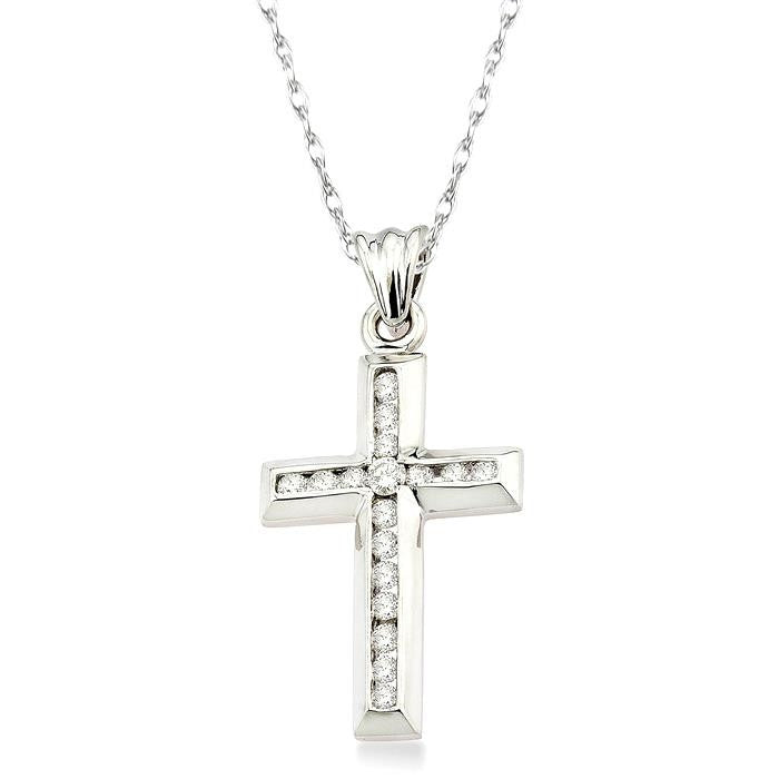1/4 Ctw Round Cut Diamond Cross Pendant in 10K White Gold with Chain