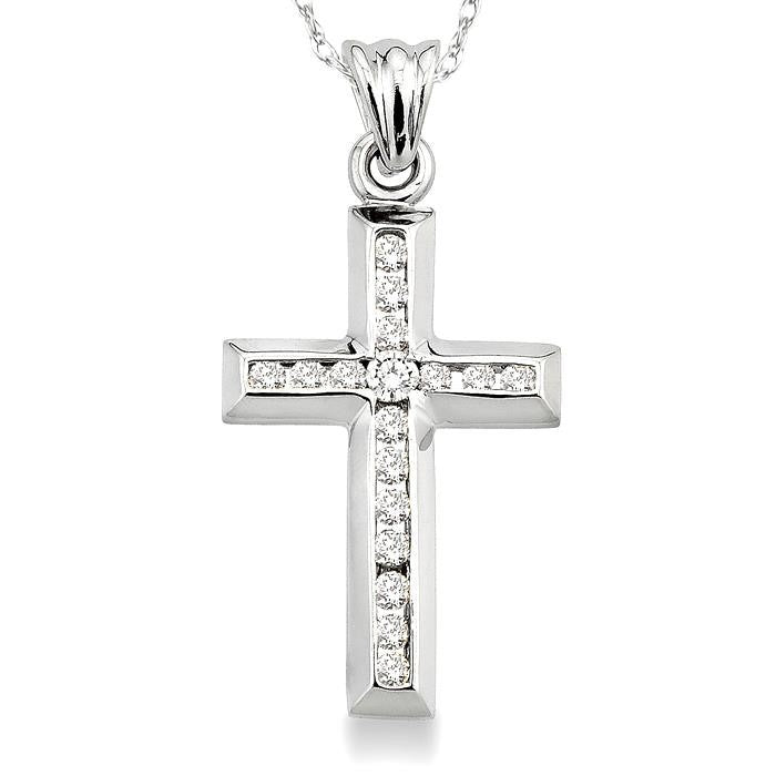 1/4 Ctw Round Cut Diamond Cross Pendant in 10K White Gold with Chain