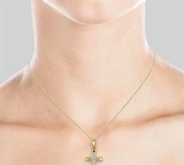 1/10 Ctw Single Cut Diamond Cross Pendant in 14K Yellow Gold with Chain