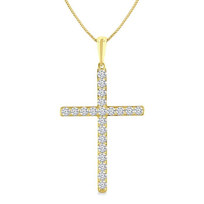 1/2 Ctw Round Cut Diamond Prong Set 1-Inch Plate Cross Pendant With Chain in 14K Yellow Gold