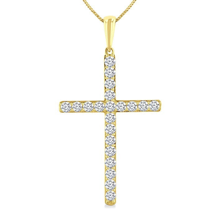 1/2 Ctw Round Cut Diamond Prong Set 1-Inch Plate Cross Pendant With Chain in 14K Yellow Gold