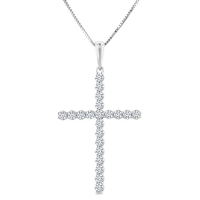 1/2 Ctw Cross Shared Prong Set Round Cut Diamond Pendant With Chain in 14K White Gold