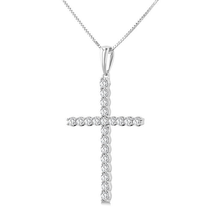 1/2 Ctw Cross Shared Prong Set Round Cut Diamond Pendant With Chain in 14K White Gold