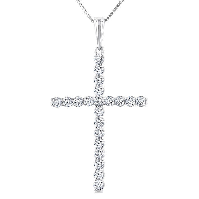 1/2 Ctw Cross Shared Prong Set Round Cut Diamond Pendant With Chain in 14K White Gold