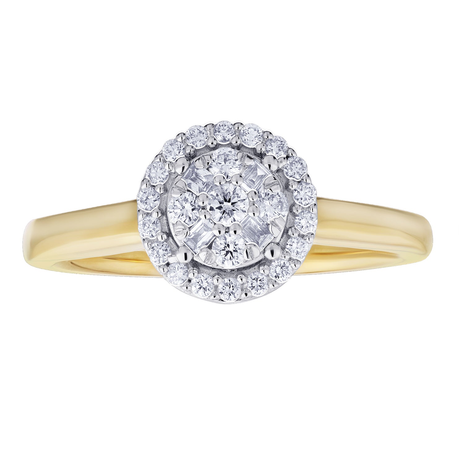 Diamond Round Shaped Cluster Baguette and Round Engagement Ring