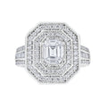 Diamond Emerald Shaped Cluster With Double Halo and Baguette Shank Engagement Ring