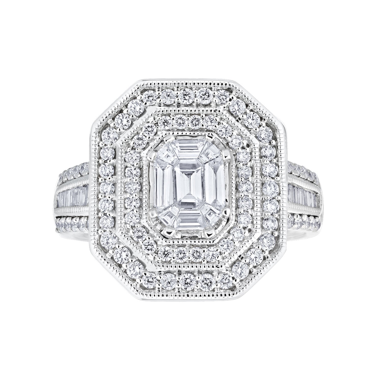 Diamond Emerald Shaped Cluster With Double Halo and Baguette Shank Engagement Ring