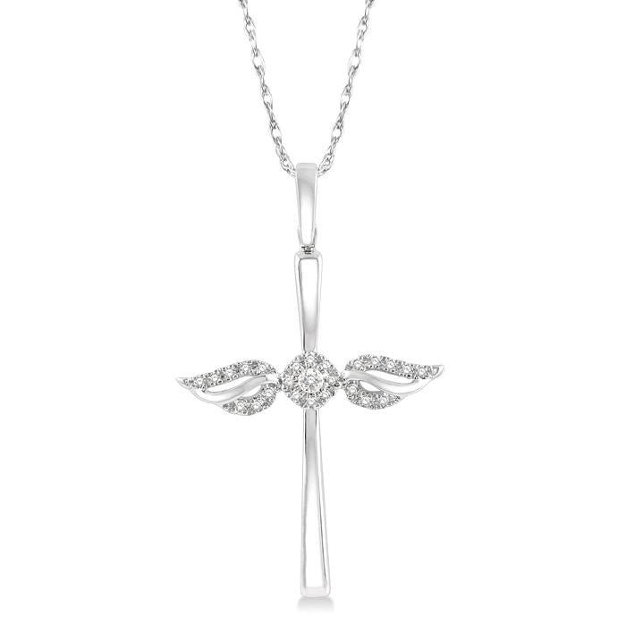 1/10 Ctw Angel Wing Round Cut Diamond Cross Petite Pendant With Chain in 10K White Gold