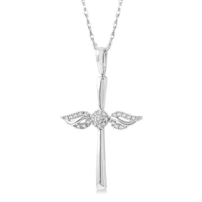 1/10 Ctw Angel Wing Round Cut Diamond Cross Petite Pendant With Chain in 10K White Gold