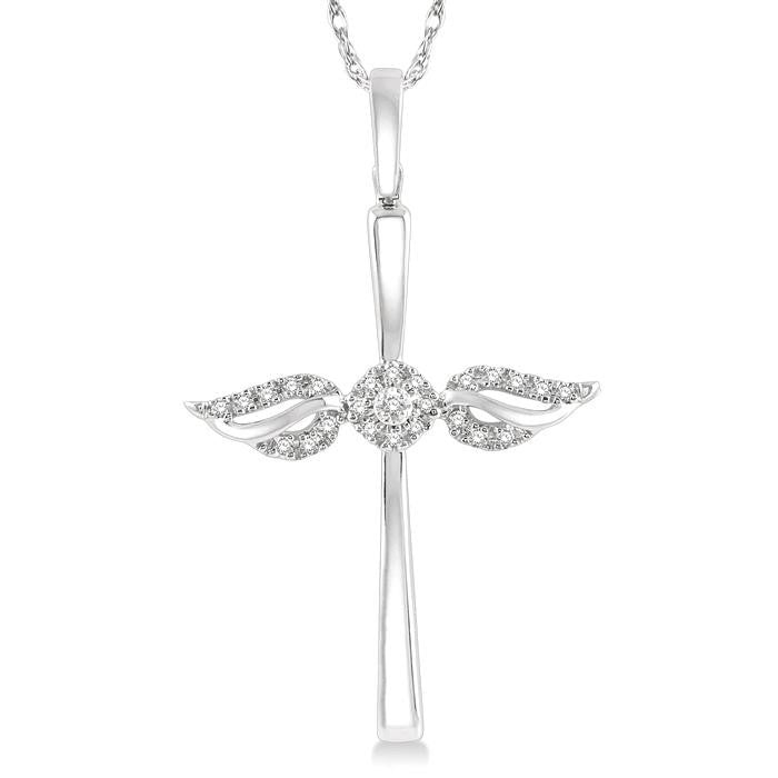 1/10 Ctw Angel Wing Round Cut Diamond Cross Petite Pendant With Chain in 10K White Gold