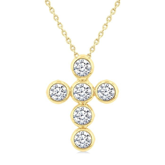 1 1/2 Ctw Round Cut Diamond 6-Stone Bezel Set Cross Pendant With Chain in 14K Yellow Gold