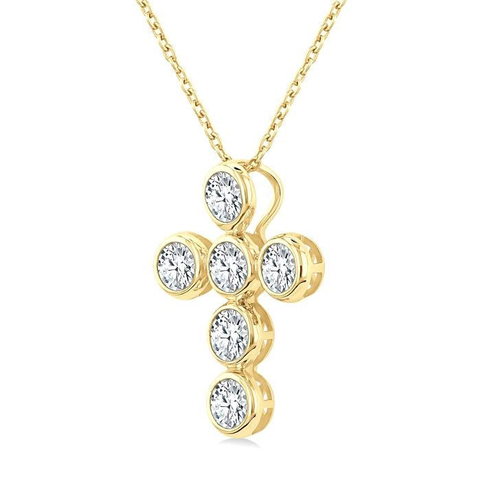 1 1/2 Ctw Round Cut Diamond 6-Stone Bezel Set Cross Pendant With Chain in 14K Yellow Gold