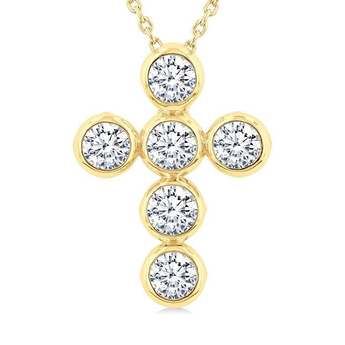 1 1/2 Ctw Round Cut Diamond 6-Stone Bezel Set Cross Pendant With Chain in 14K Yellow Gold
