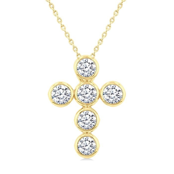 2 Ctw Round Cut Diamond 6-Stone Bezel Set Cross Pendant With Chain in 14K Yellow Gold