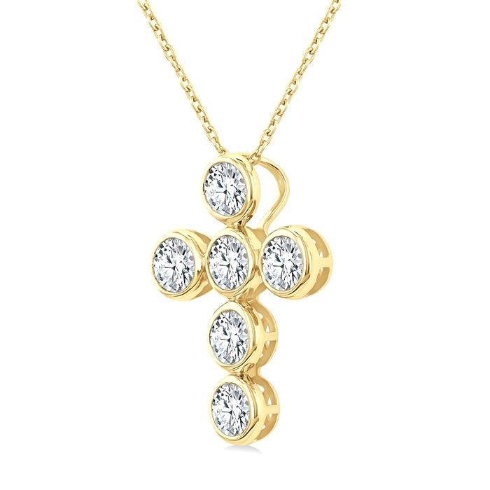2 Ctw Round Cut Diamond 6-Stone Bezel Set Cross Pendant With Chain in 14K Yellow Gold