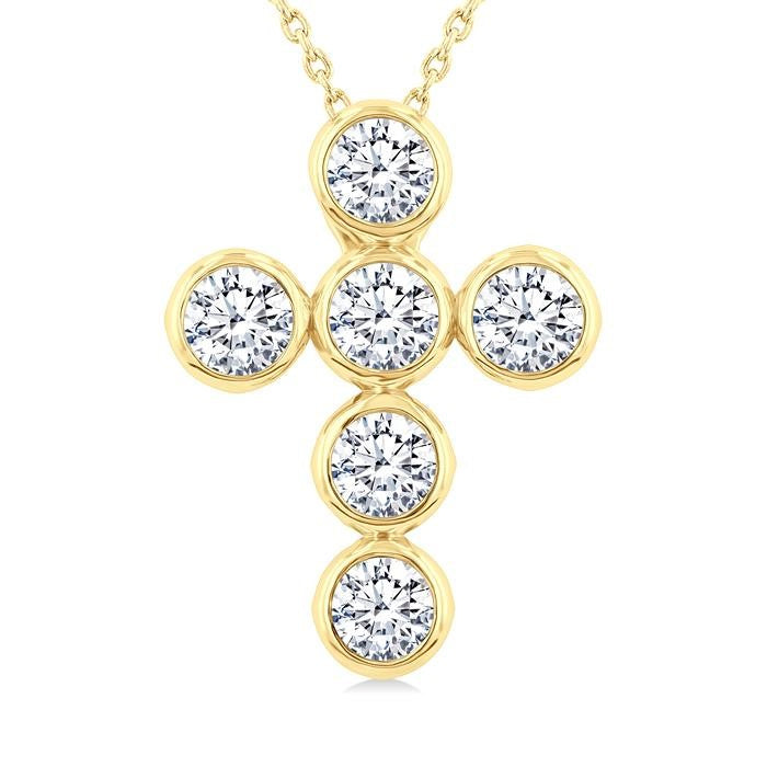 2 Ctw Round Cut Diamond 6-Stone Bezel Set Cross Pendant With Chain in 14K Yellow Gold