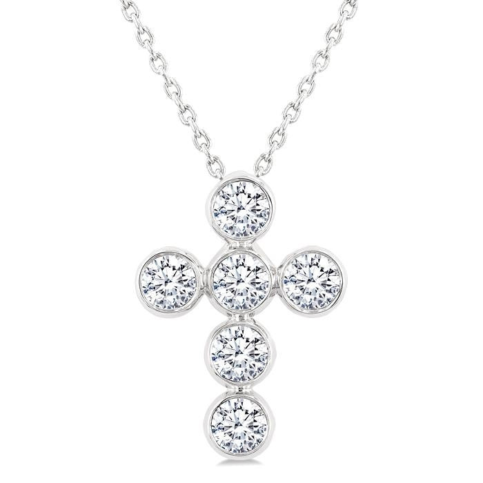 1 Ctw Round Cut Diamond 6-Stone Bezel Set Cross Pendant With Chain in 14K White Gold