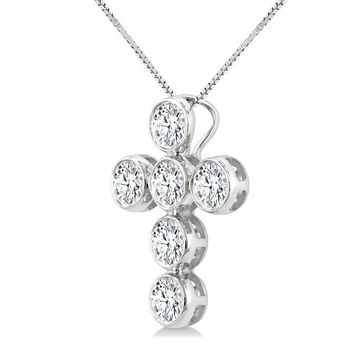 1 Ctw Round Cut Diamond 6-Stone Bezel Set Cross Pendant With Chain in 14K White Gold