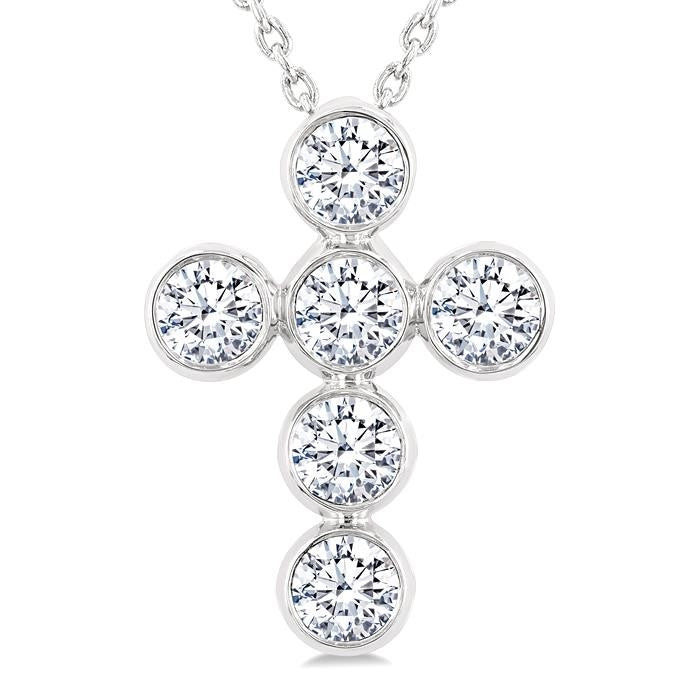 1 Ctw Round Cut Diamond 6-Stone Bezel Set Cross Pendant With Chain in 14K White Gold