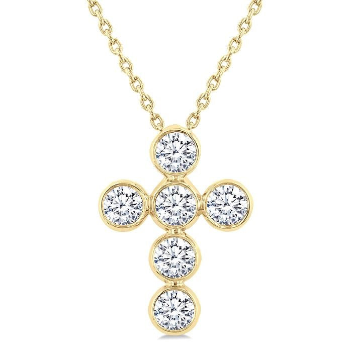 1 Ctw Round Cut Diamond 6-Stone Bezel Set Cross Pendant With Chain in 14K Yellow Gold