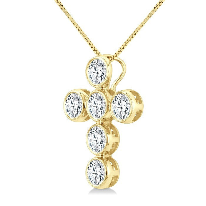1 Ctw Round Cut Diamond 6-Stone Bezel Set Cross Pendant With Chain in 14K Yellow Gold