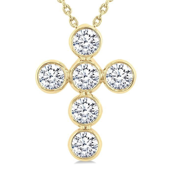 1 Ctw Round Cut Diamond 6-Stone Bezel Set Cross Pendant With Chain in 14K Yellow Gold