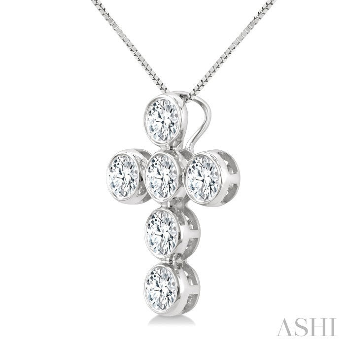 1 Ctw Round Cut Diamond 6-Stone Bezel Set Cross Pendant With Chain in 14K White Gold