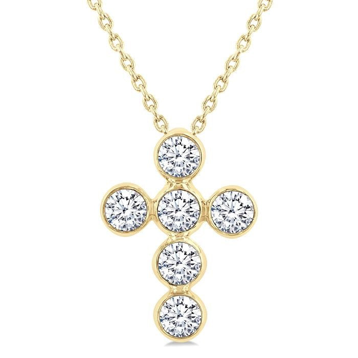 3/4 Ctw Round Cut Diamond 6-Stone Bezel Set Cross Pendant With Chain in 14K Yellow Gold
