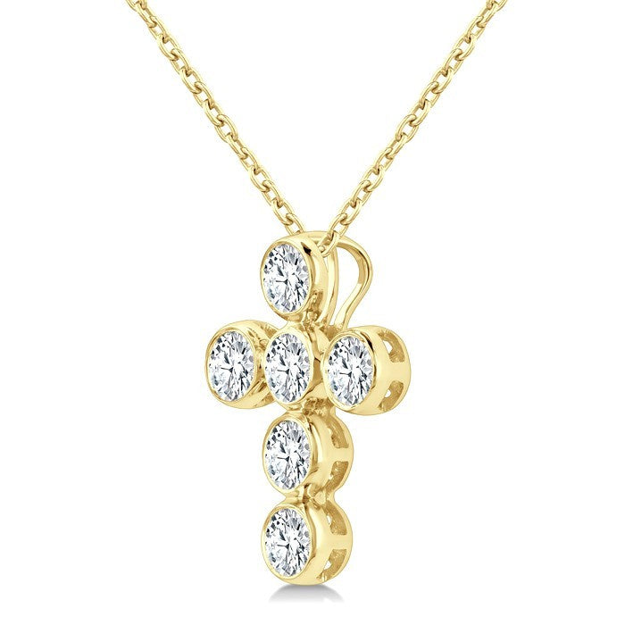 3/4 Ctw Round Cut Diamond 6-Stone Bezel Set Cross Pendant With Chain in 14K Yellow Gold