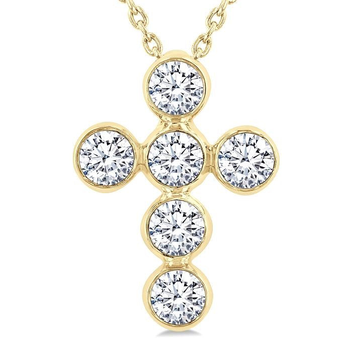 3/4 Ctw Round Cut Diamond 6-Stone Bezel Set Cross Pendant With Chain in 14K Yellow Gold