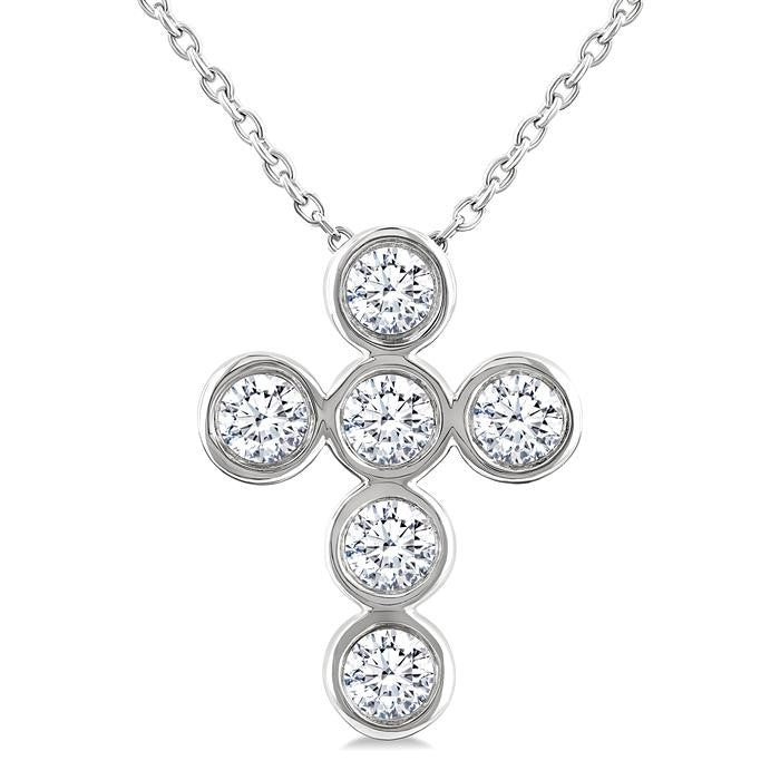 1/2 Ctw Round Cut Diamond 6-Stone Bezel Set Cross Pendant With Chain in 14K White Gold