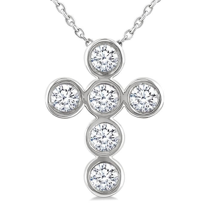1/2 Ctw Round Cut Diamond 6-Stone Bezel Set Cross Pendant With Chain in 14K White Gold