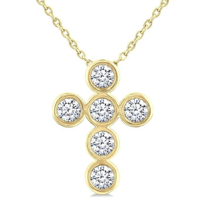 1/2 Ctw Round Cut Diamond 6-Stone Bezel Set Cross Pendant With Chain in 14K Yellow Gold