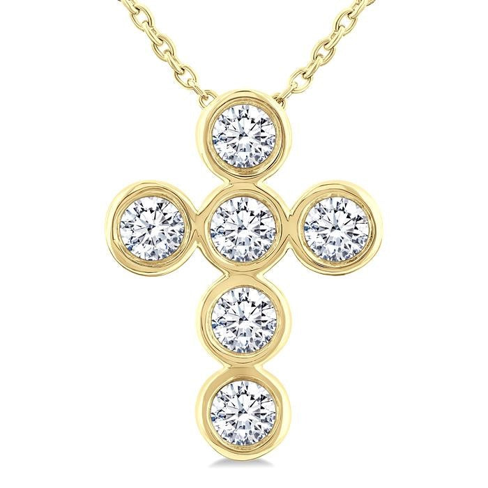 1/2 Ctw Round Cut Diamond 6-Stone Bezel Set Cross Pendant With Chain in 14K Yellow Gold