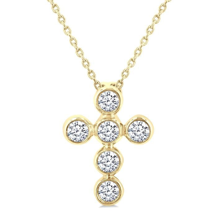 1/4 Ctw Round Cut Diamond 6-Stone Bezel Set Cross Pendant With Chain in 14K Yellow Gold
