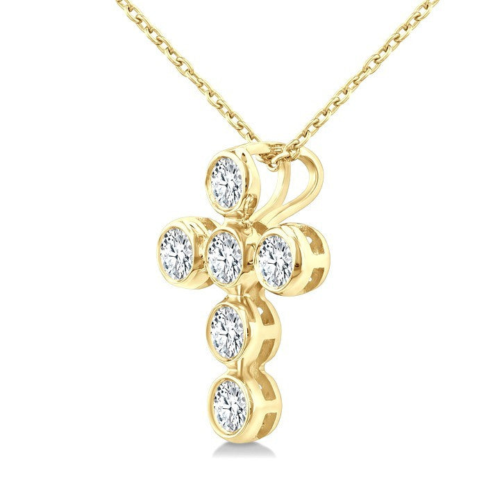 1/4 Ctw Round Cut Diamond 6-Stone Bezel Set Cross Pendant With Chain in 14K Yellow Gold
