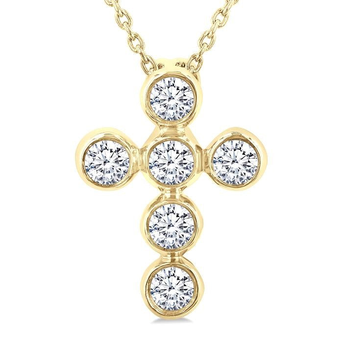 1/4 Ctw Round Cut Diamond 6-Stone Bezel Set Cross Pendant With Chain in 14K Yellow Gold