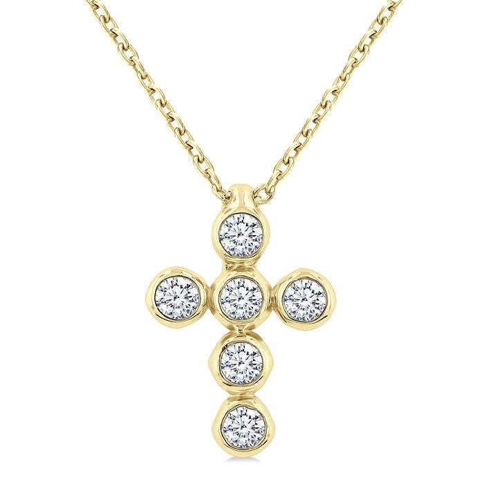 1/6 Ctw Round Cut Diamond 6-Stone Bezel Set Cross Pendant With Chain in 14K Yellow Gold