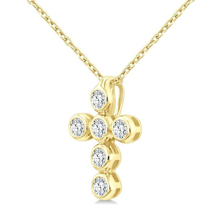 1/6 Ctw Round Cut Diamond 6-Stone Bezel Set Cross Pendant With Chain in 14K Yellow Gold