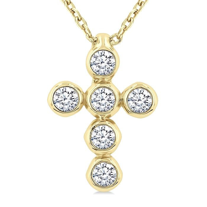1/6 Ctw Round Cut Diamond 6-Stone Bezel Set Cross Pendant With Chain in 14K Yellow Gold