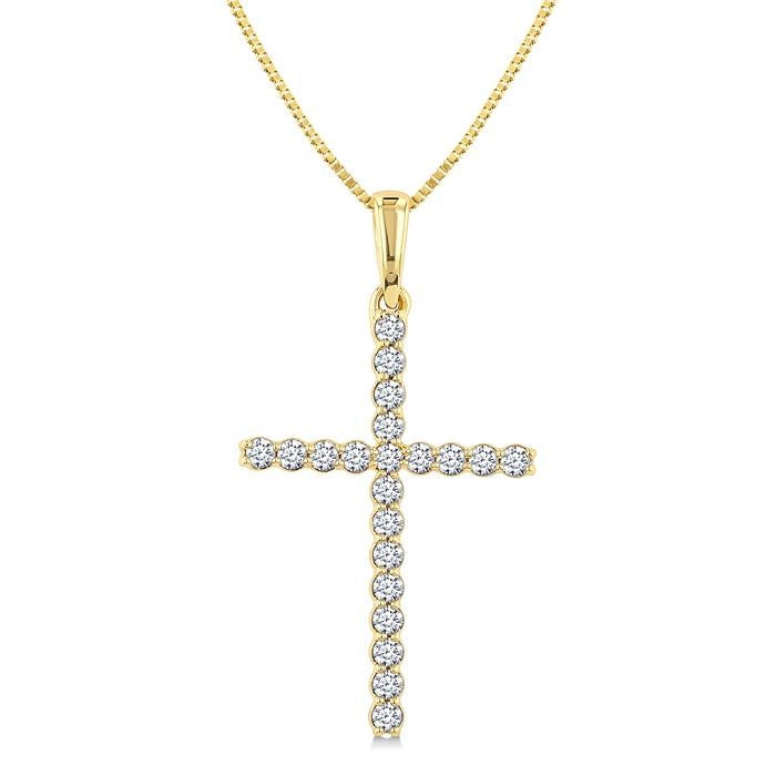 1/4 Ctw Round Cut Diamond Cross Fashion Pendant With Chain in 14K Yellow Gold