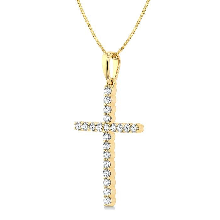 1/4 Ctw Round Cut Diamond Cross Fashion Pendant With Chain in 14K Yellow Gold
