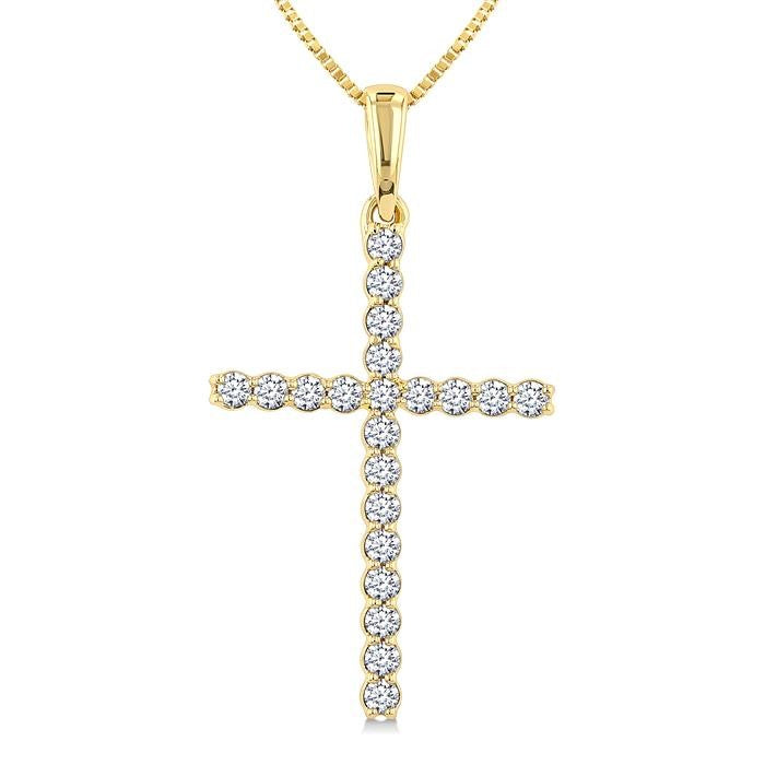 1/4 Ctw Round Cut Diamond Cross Fashion Pendant With Chain in 14K Yellow Gold
