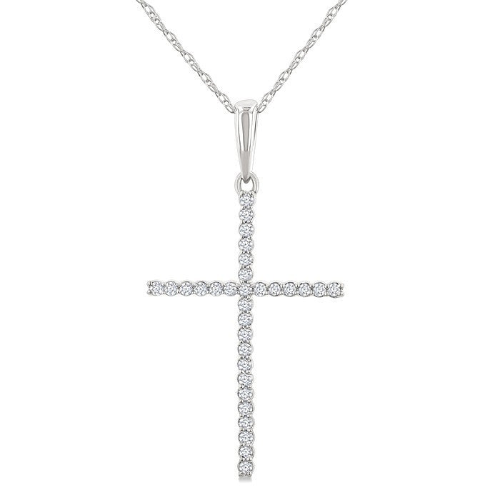 1/10 Ctw Cross Round Cut Diamond Fashion Pendant With Chain in 10K White Gold