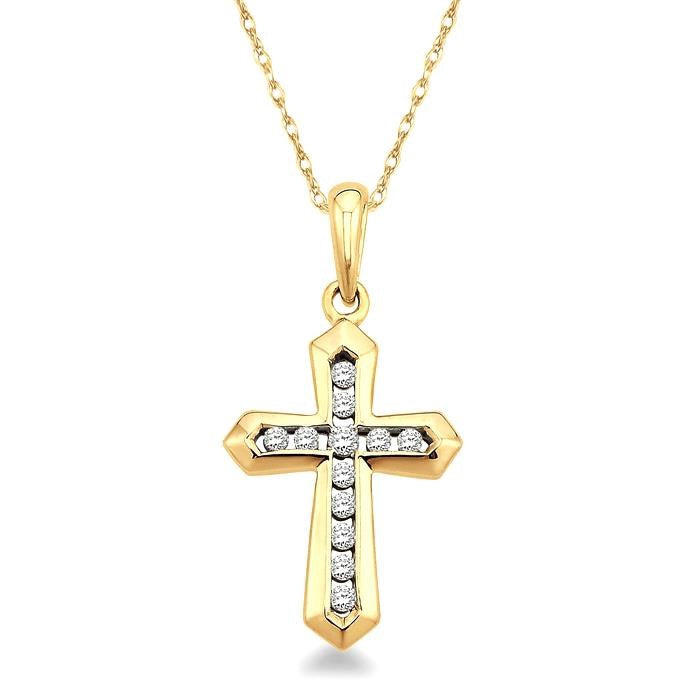 1/10 Ctw Round Cut Diamond Cross Pendant in 14K Yellow Gold with Chain