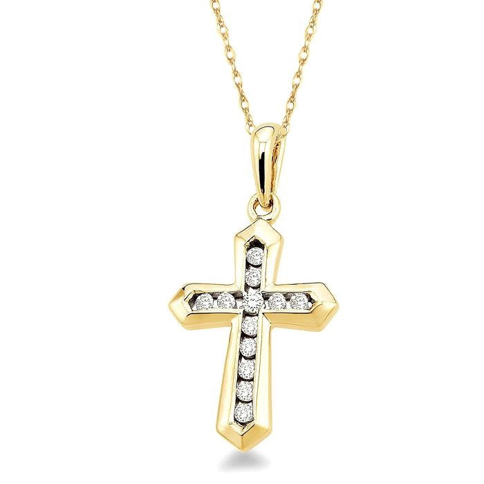 1/10 Ctw Round Cut Diamond Cross Pendant in 14K Yellow Gold with Chain