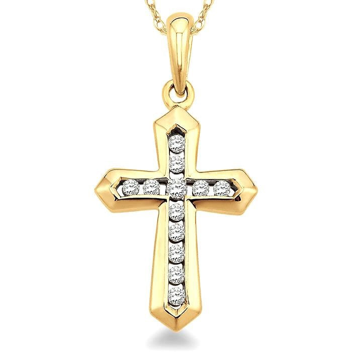 1/10 Ctw Round Cut Diamond Cross Pendant in 14K Yellow Gold with Chain
